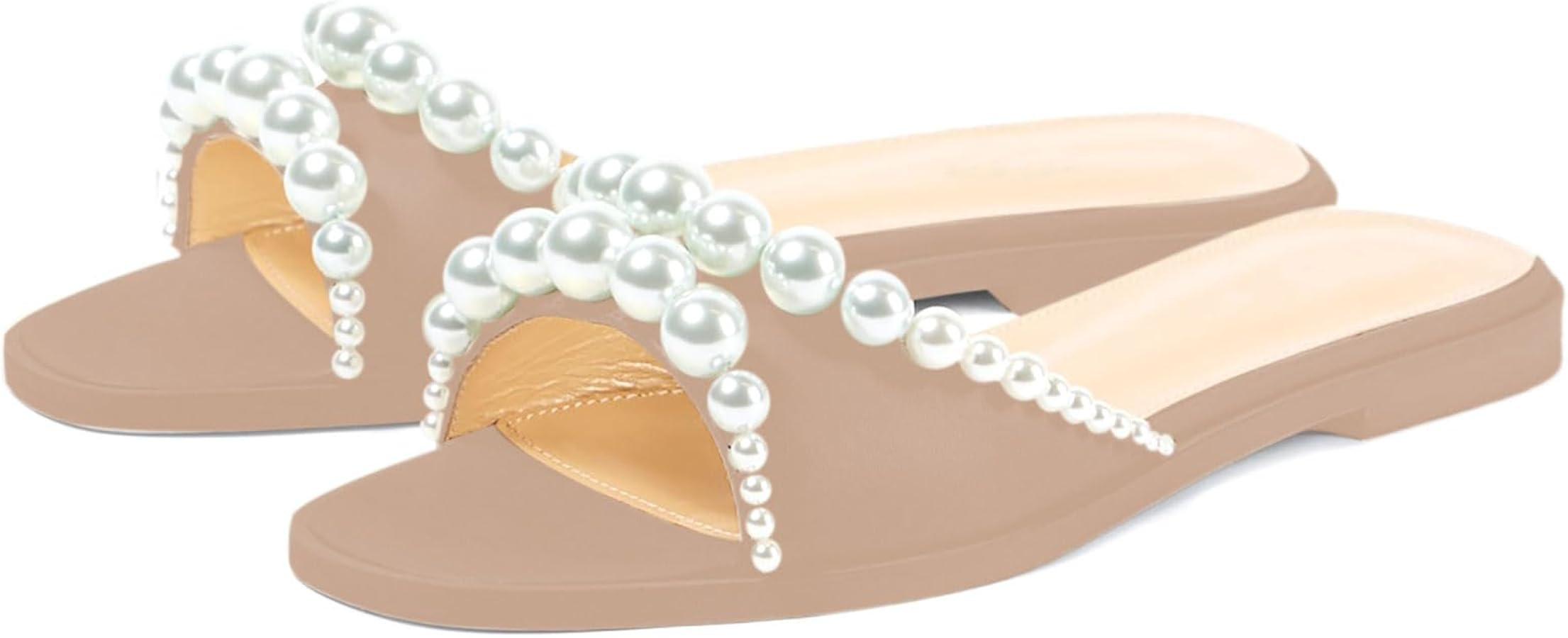anteikira Women's Flat Sandals Square Toe Beaded Pearls Fashion Slide Sandals Satin Open Toe Casu... | Amazon (US)