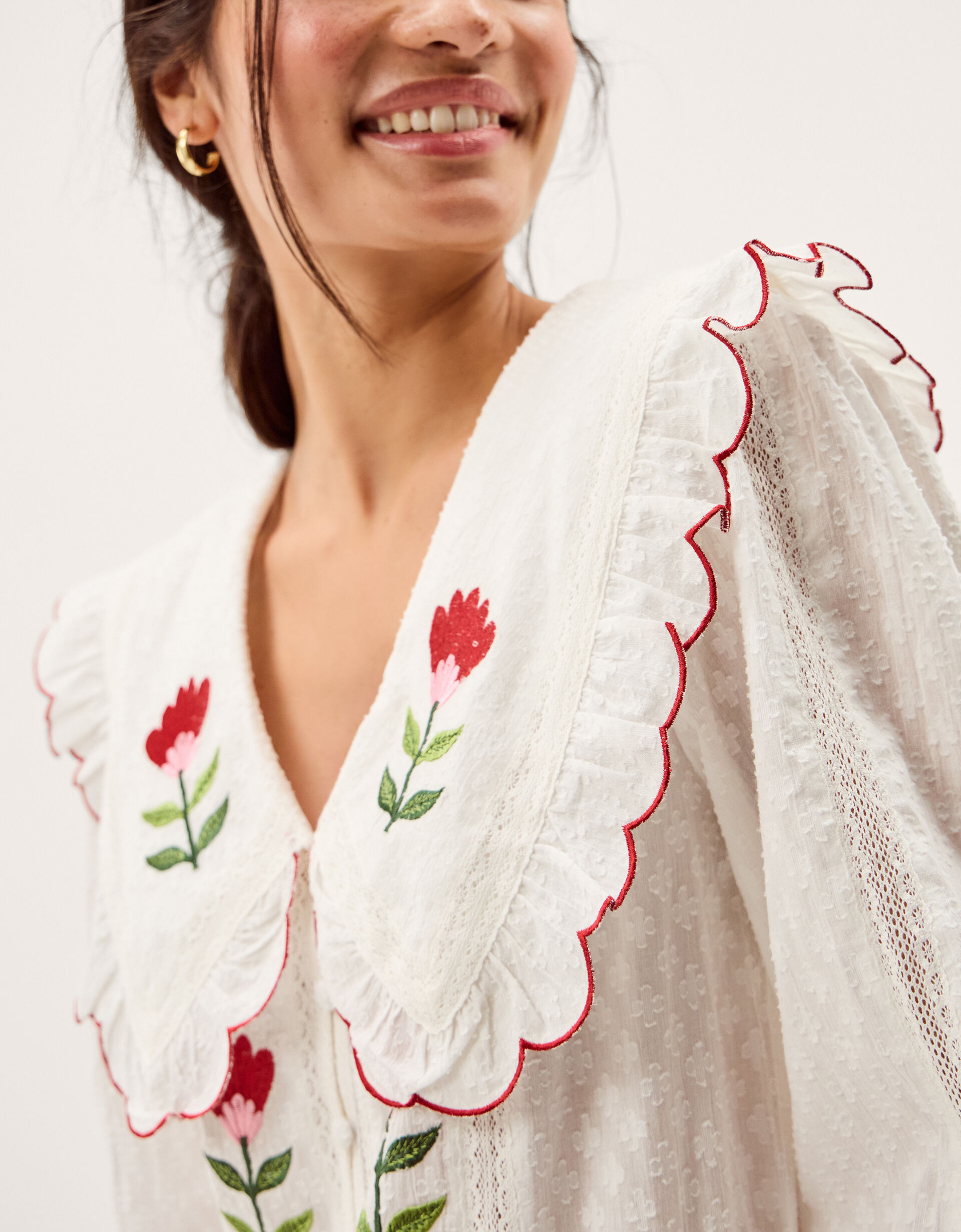 Talia Tulip Embroidered Scallop Collar Top White | Monsoon (UK)