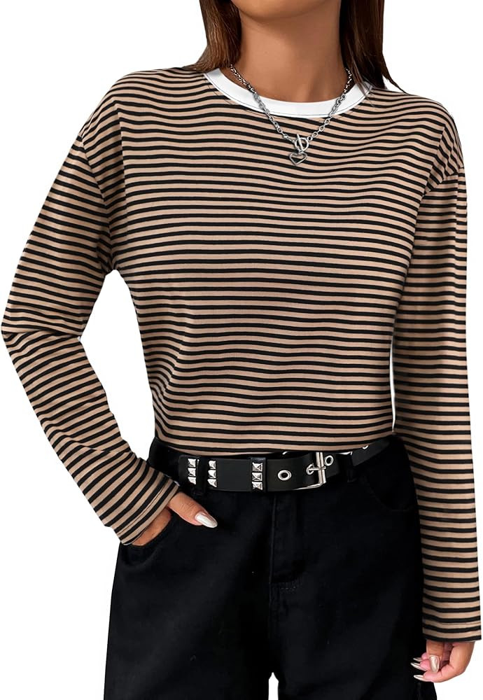 LilyCoco Womens Long Sleeve Striped Shirts Casual Color Block Crew Neck T Shirts | Amazon (US)