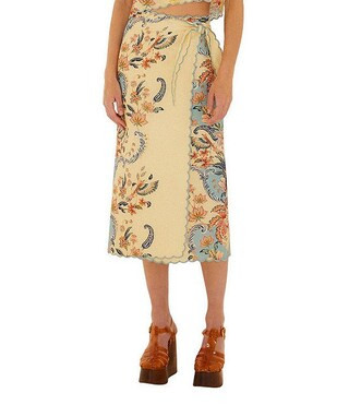 Boho Beauty Butter V-Neck Short Sleeve Scallop Hem Coordinating Linen Wrap Midi Skirt | Dillard's