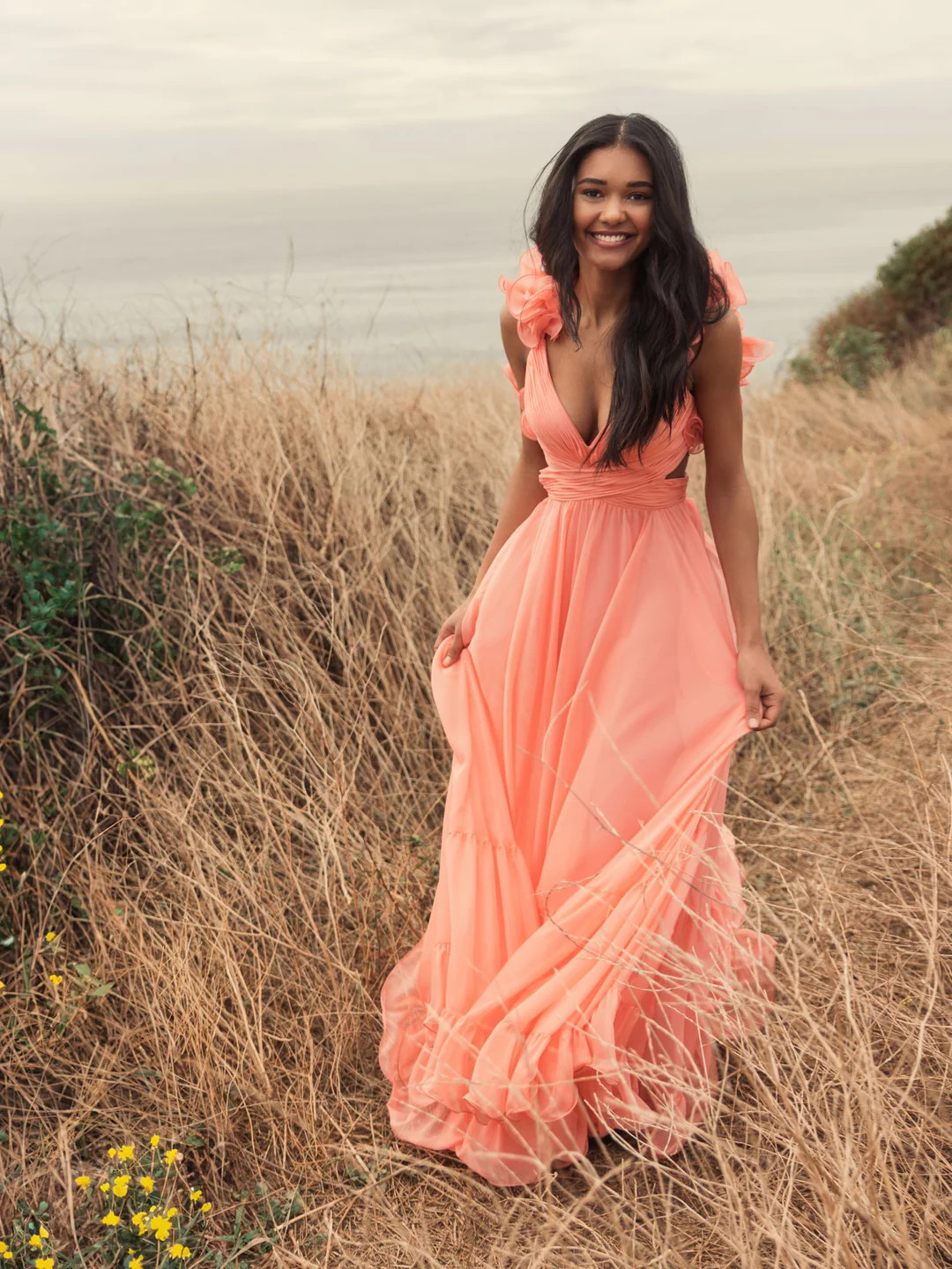 RUFFLE TIERED CUT-OUT CHIFFON GOWN | Mac Duggal