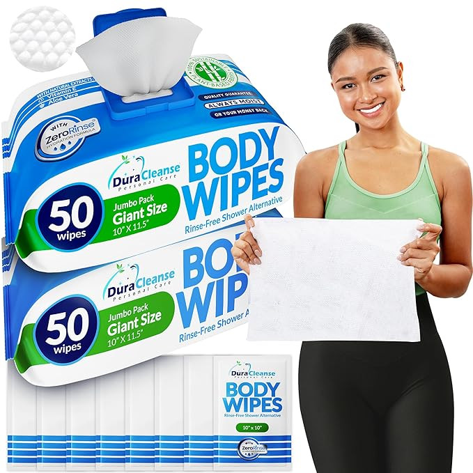 Dura Cleanse Body Wipes for Adults Bathing - (2 Pack) 100 XL No Rinse Bath Wipes + 8 Travel Showe... | Amazon (US)