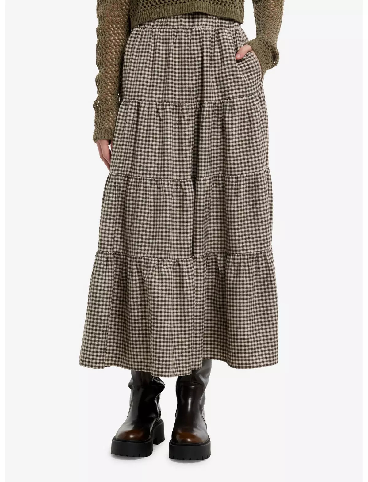 Thorn & Fable Brown Gingham Tiered Midi Skirt | Hot Topic