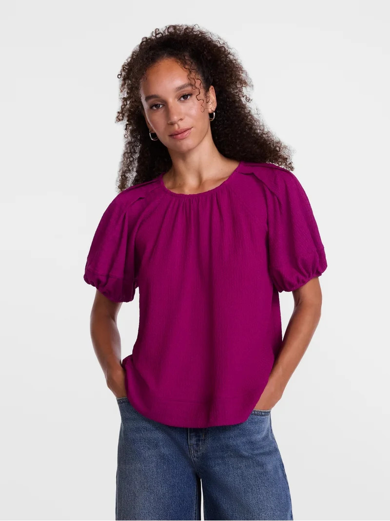 Scenario Women's Textured Top with Short Puff Sleeves, Sizes XS-XXXL | Walmart (US)