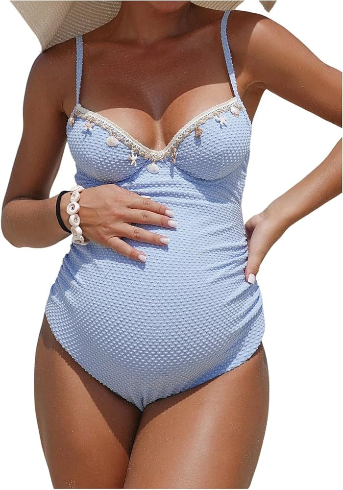 OYOANGLE Women's Maternity One Piece Swimsuits Textured Shell Decor V Neck Pregnancy Bathing Suit | Amazon (US)