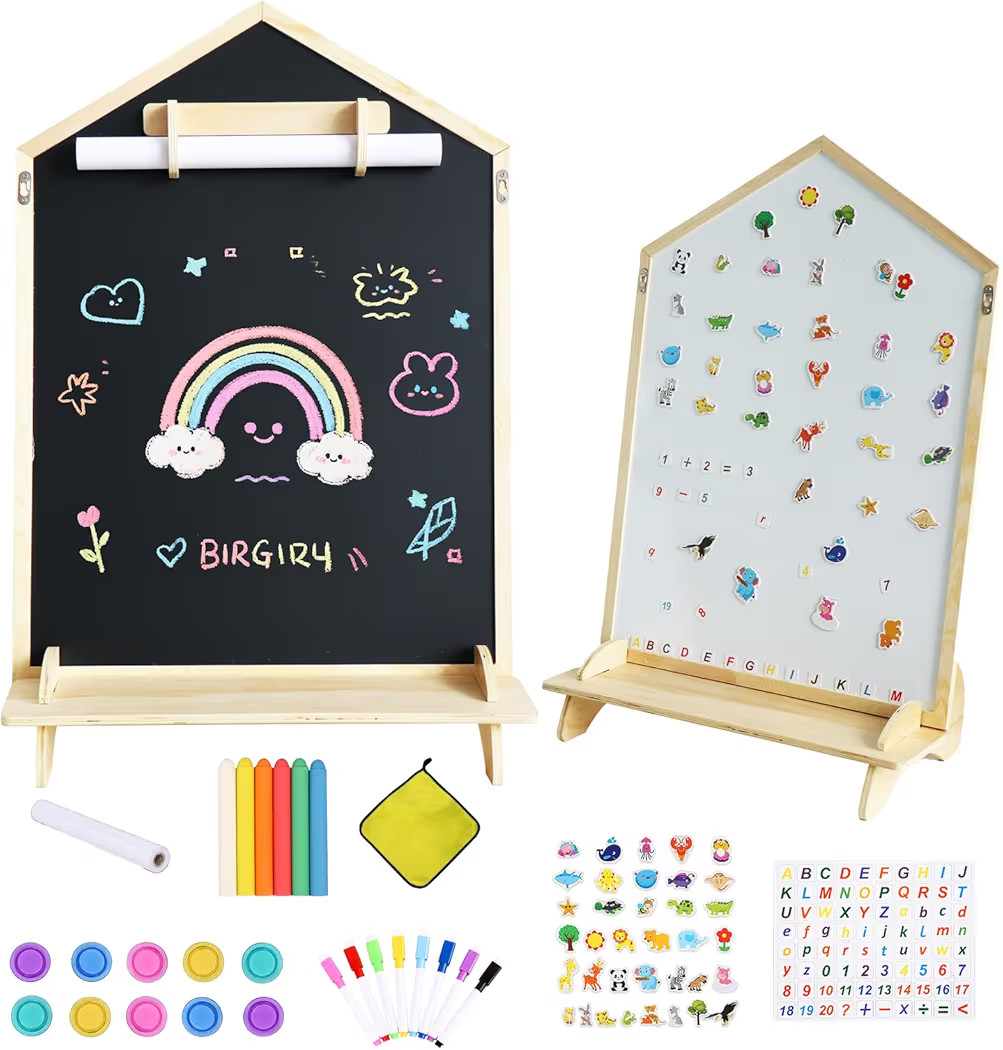 Double-Sided Magnetic Drawing Board for Kids- Chalkboard & Magnetic Whiteboard, Wood Frame Art Ea... | Amazon (US)