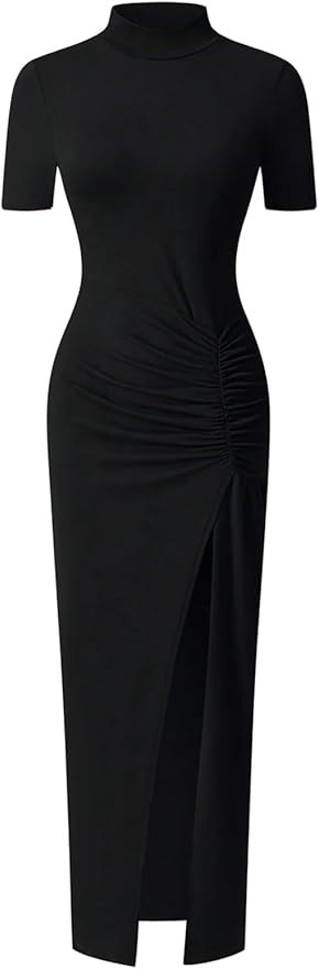 RoseSeek Women's Short Sleeve Maxi T Shirt Dress Mock Neck Ruched High Slit Long Casual Summer Te... | Amazon (US)