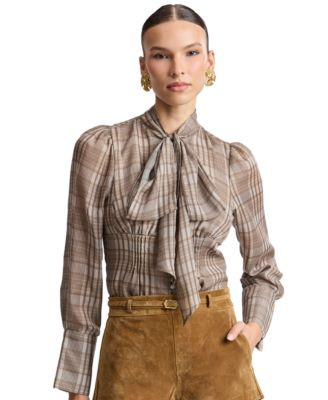 Avec Les Filles Long Puff-Sleeve Scarf Neck Top - Natural Plaid Multi | Macy's