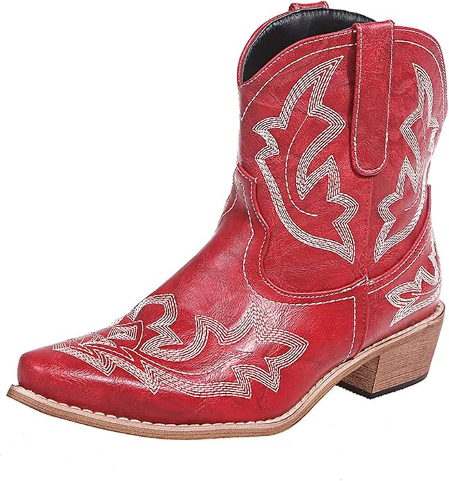 Women's Cowboy Cowgirl Boots Ankle Western Short Booties | Pointed Toe, Low Chunky Heel, Embroide... | Amazon (US)