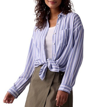 The Normal Brand Freshwater Overshirt Stripe Print Point Collar Long Sleeve Button Front Top | Di... | Dillard's