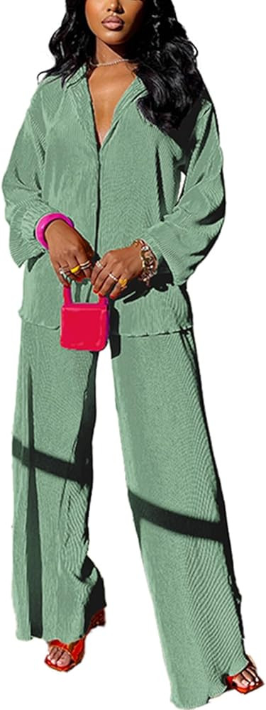 kaimimei Casual 2 Piece Outfit for Women - Linen Long Sleeve Button Down Shirt + Flare Pleated Wi... | Amazon (US)