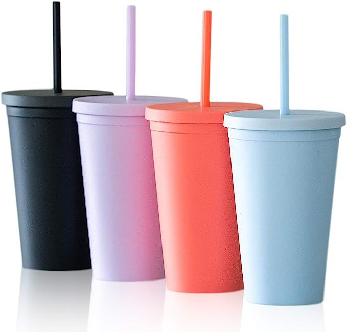 Tumblers with Lids (4 pack) 16oz Colored Acrylic Cups with Lids and Straws | Double Wall Matte Pl... | Amazon (US)