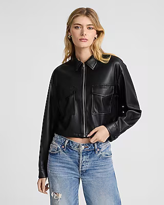 Faux Leather Zip Front Cropped Shacket | Express