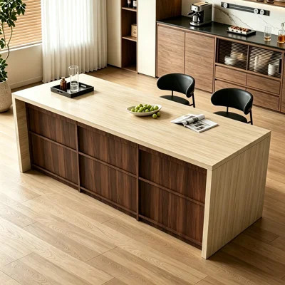 Mid-Century Kitchen Island with Marble Top, Kitchen Storage Cabinet, Large Countertop, Recessed Handles, Freestanding Kitchen Workstation for Dining a | Wayfair North America