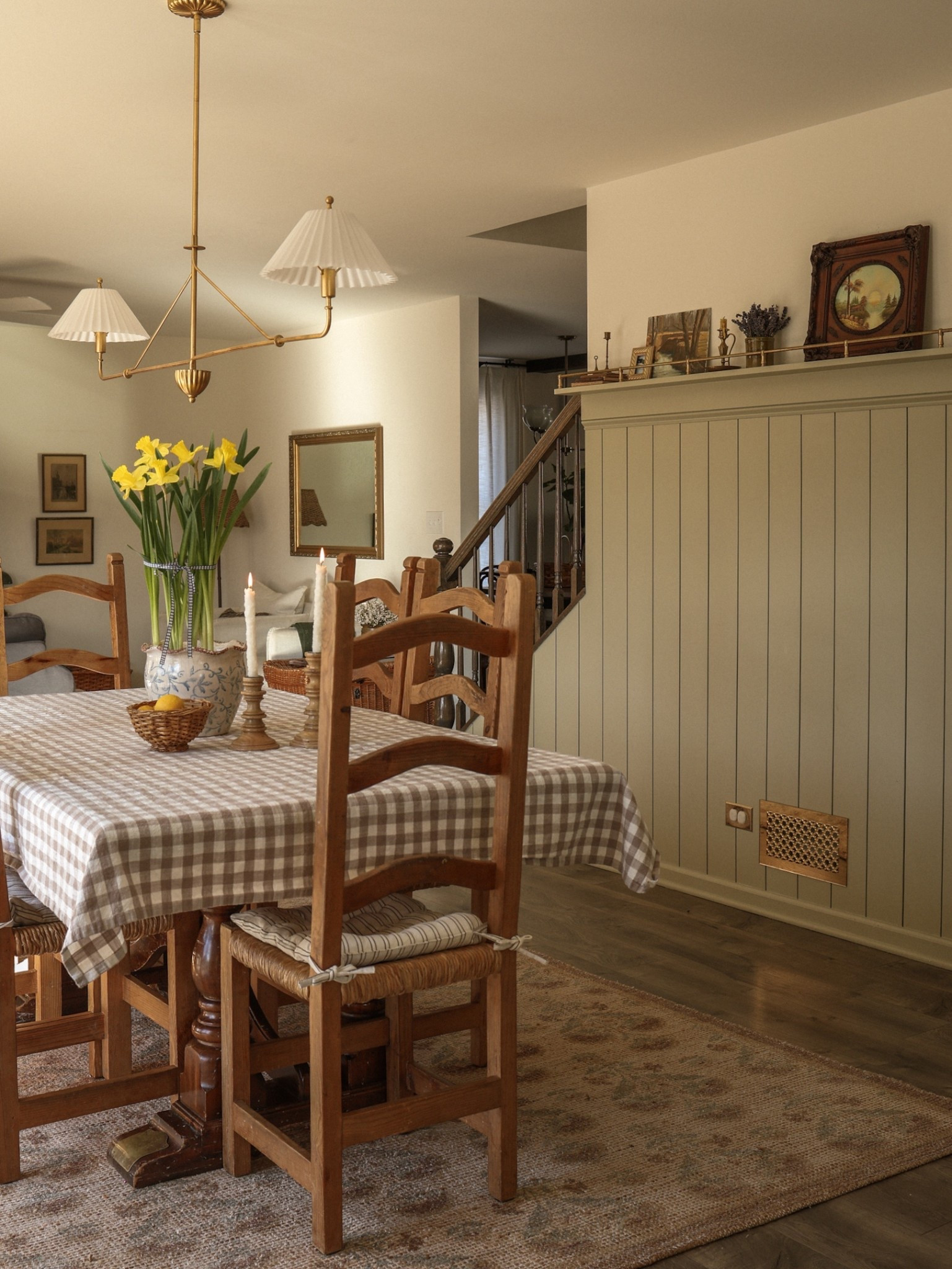 Dining room, dining nook, jute rug, pleated shade chandelier, gingham tablecloth 

#LTKHome