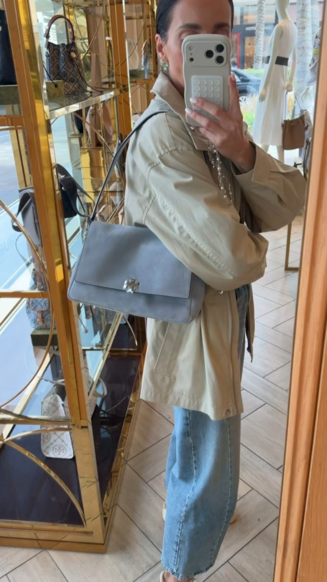 Tory Burch suede bag, belted trench coat, spring jacket, casual style, gray shoulder bag, anna monteiro, annabrstyle, blushingrosestyle

#LTKOver40 #LTKootd