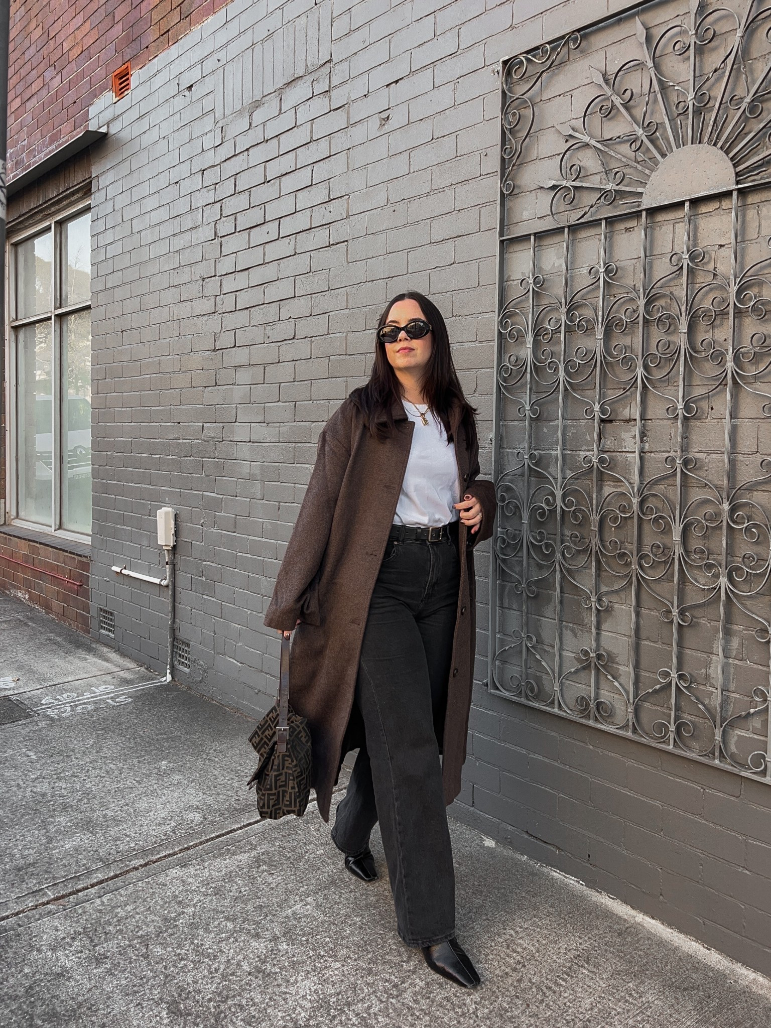 AERE Label chocolate brown coat: size 14
H&M wide leg jeans: size 16 (run small - check reviews for sizing info)
Uniqlo white tee: size XL
Tony Bianco ankle boots
Vintage Fendi bag
Celine sunglassess

#LTKaustralia #LTKmidsize #LTKwinter