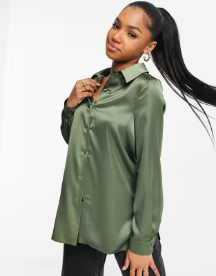 Miss Selfridge satin shirt in khaki | ASOS (Global)