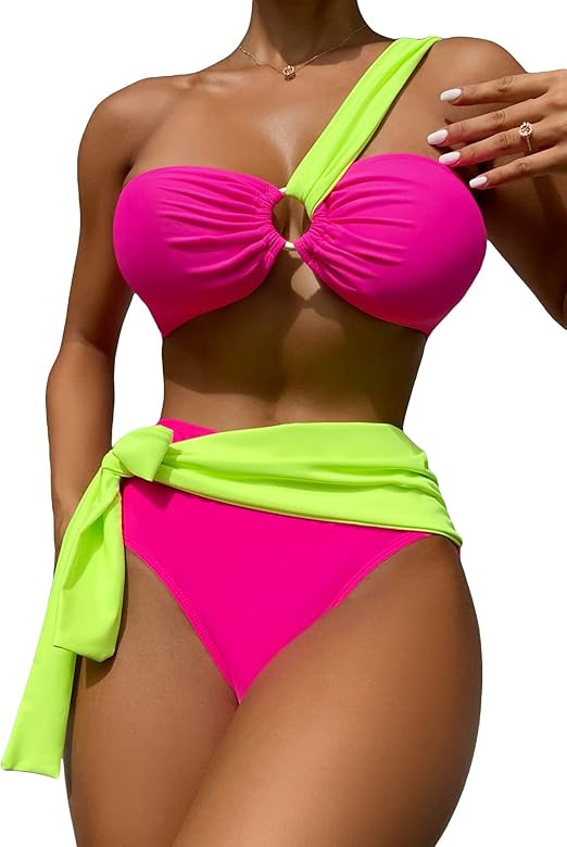 MakeMeChic Women's 2 Piece Swimsuit Color Block One Shoulder Knot Front High Waisted Bikini Set | Amazon (US)