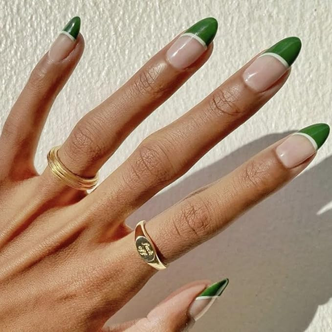 Aksod Glossy Green False Nails Short Almond French Nails Tips Ombre Cute Press on Nails Designed ... | Amazon (US)