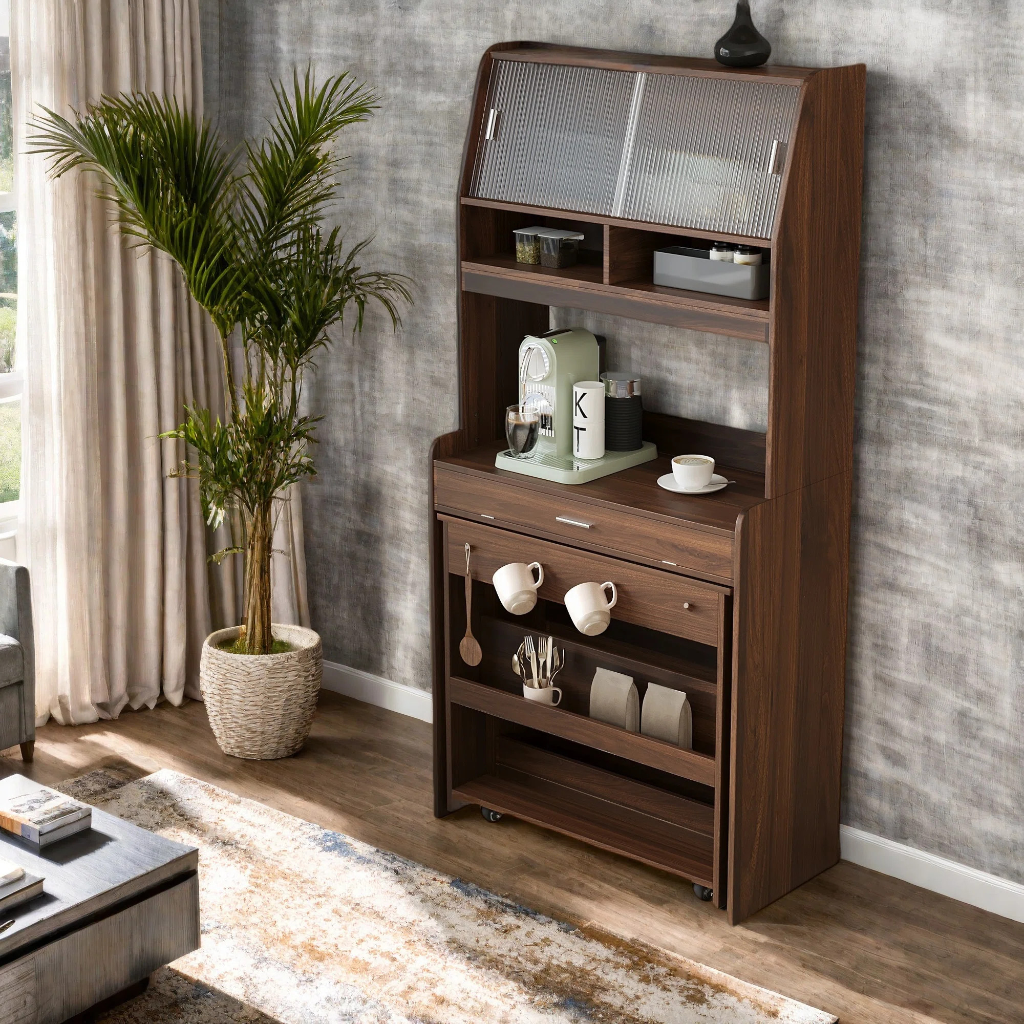 Buffet With Hutch And Foldable Dining Table, Storage Shelves, Side Hooks And A Cabinet With Slidi... | Wayfair North America