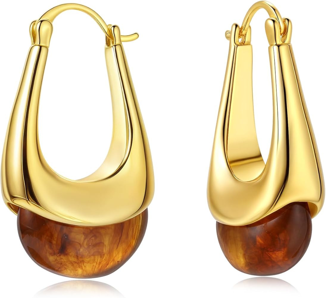 Vintage Gold Hoops Earrings for Women,Brown White Blue Pink Chunky Dangle Drop Jewelry with Resin... | Amazon (US)