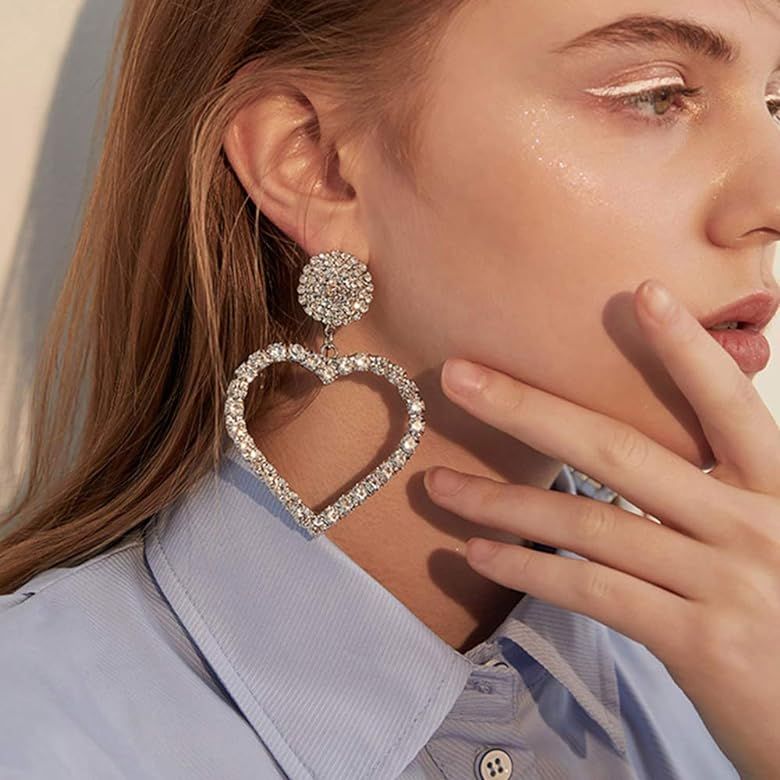 FXmimior Fashion Women Silver Heart Rhinestones Love Bar Earrings Long Chain Drop Dangle Earrings Je | Amazon (US)