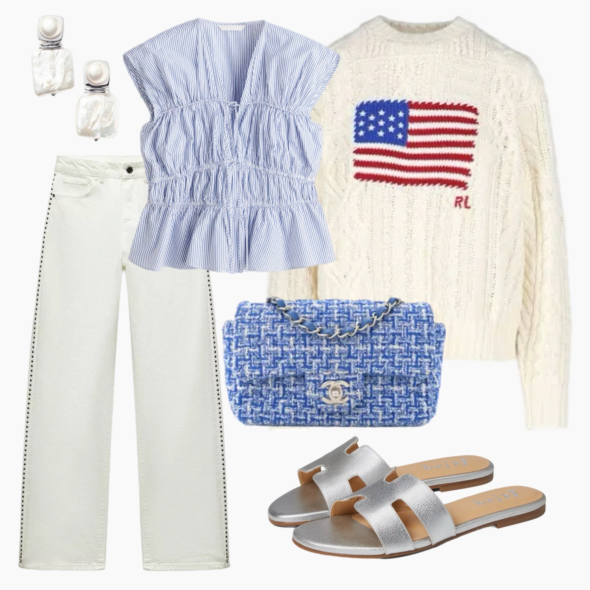 Classic Americana with a polished twist 🇺🇸✨ This elevated Fourth of July look features a sweet striped blouse, pearl drop earrings, and white denim with delicate trim. Layered with the iconic Ralph Lauren flag sweater and a tweed Chanel bag for that timeless coastal charm. Silver sandals keep it comfortable but chic for BBQs, boat days, or breezy rooftop cocktails.

#FourthOfJulyOutfit #AmericanaStyle #CoastalChic #RLFlagSweater #SummerOOTD #TweedBag #WhiteDenim #HolidayStyle #LTKFourthOfJuly #LTKSeasonal #ClassicWithATwist #RedWhiteAndBlue #PreppyStyle #StyledByMar

#LTKItBag #LTKSummerEdit #LTKSeasonal