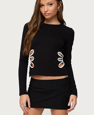 Women's Contrast Cut Out Long Sleeve Top | Macy's