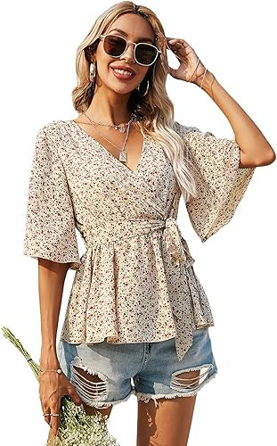 Romwe Women's Half Sleeve Wrap V Neck Belted Ruffle Hem Peplum Blouse Tops | Amazon (US)
