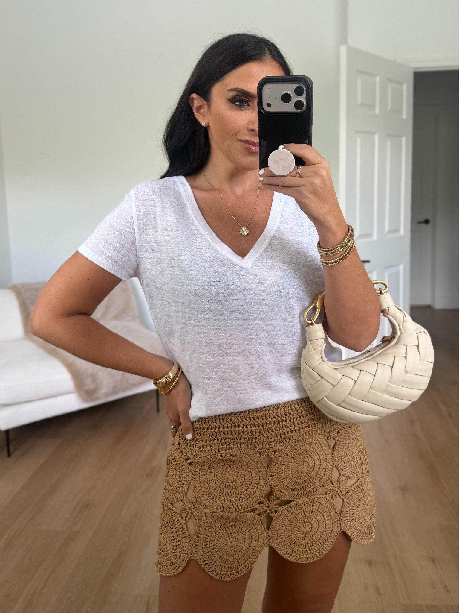 Loom Linen Antibes T-Shirt wearing size medium. Beep Beep Mini Skirt