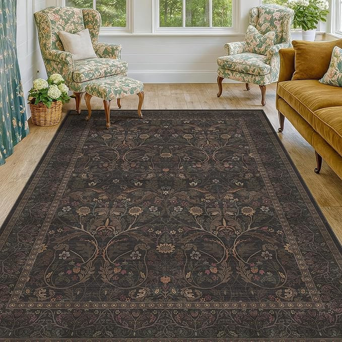 Washable 5x7 Dark Brown Rug for Living Room, Low Pile Soft Area Rugs for Bedroom, Traditional Hom... | Amazon (US)