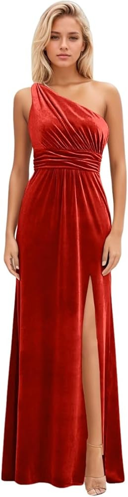 Long One Shoulder Velvet Bridesmaid Dresses for Women 2024 Prom Party Gown with Slit | Amazon (US)