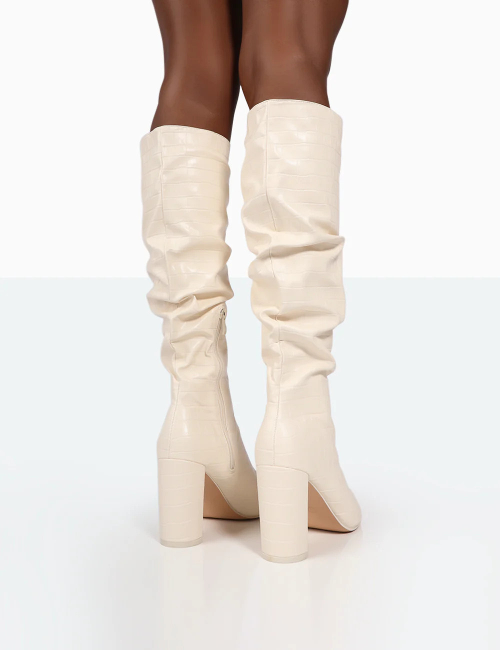 Mine Ecru Croc Pointed Toe Block Heeled Knee High Boots | Public Desire