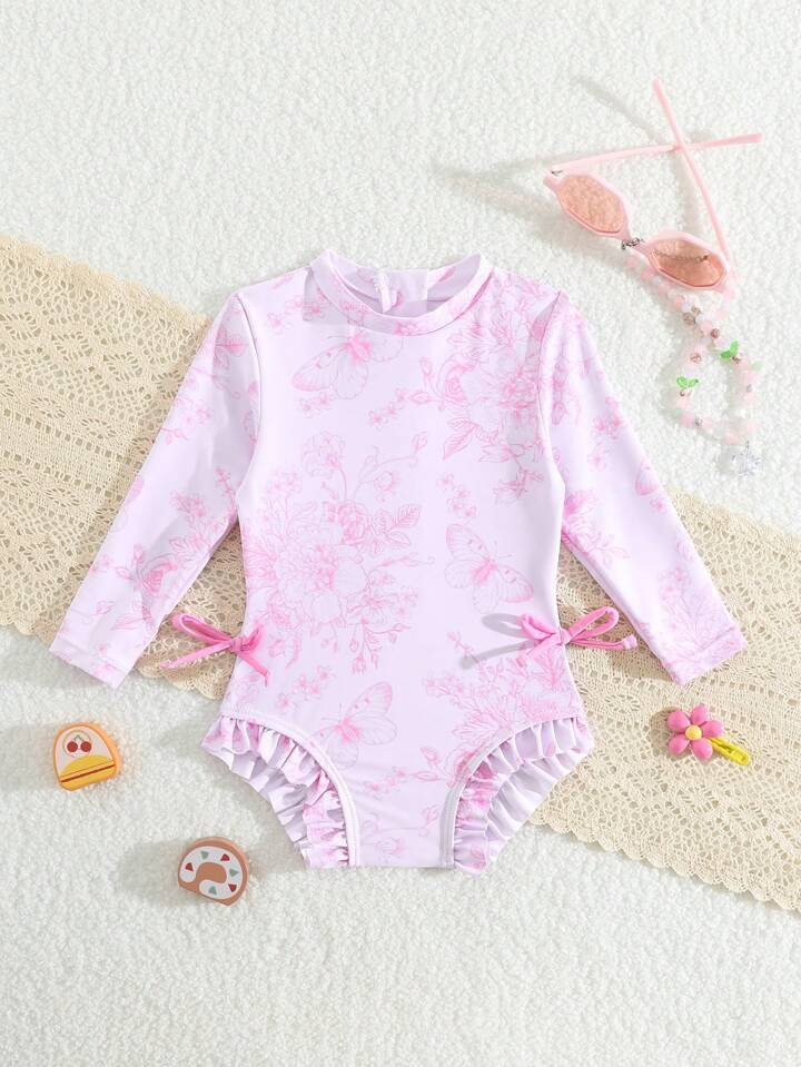 1pc Baby Girl Animal & Floral Print Long Sleeve Swimsuit | SHEIN