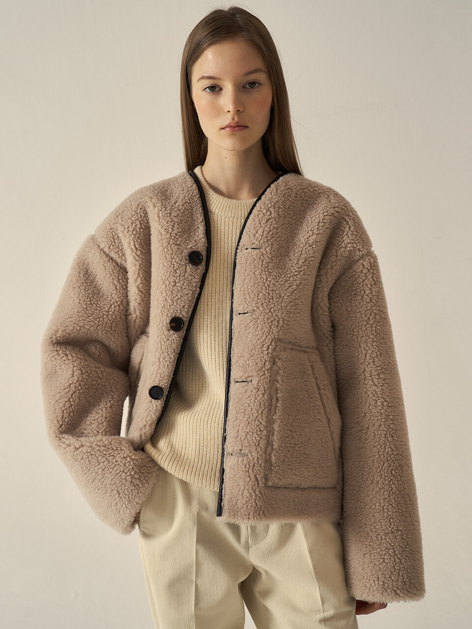 V-neck Reversible Suede Jacket_Cream Brown | W Concept (US)