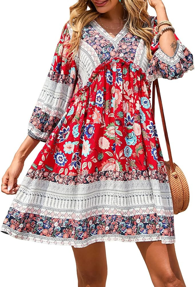 BTFBM Women Casual Spring Summer Dresses V Neck 3/4 Long Sleeve Ruffle Floral Flowy Boho Babydoll... | Amazon (US)