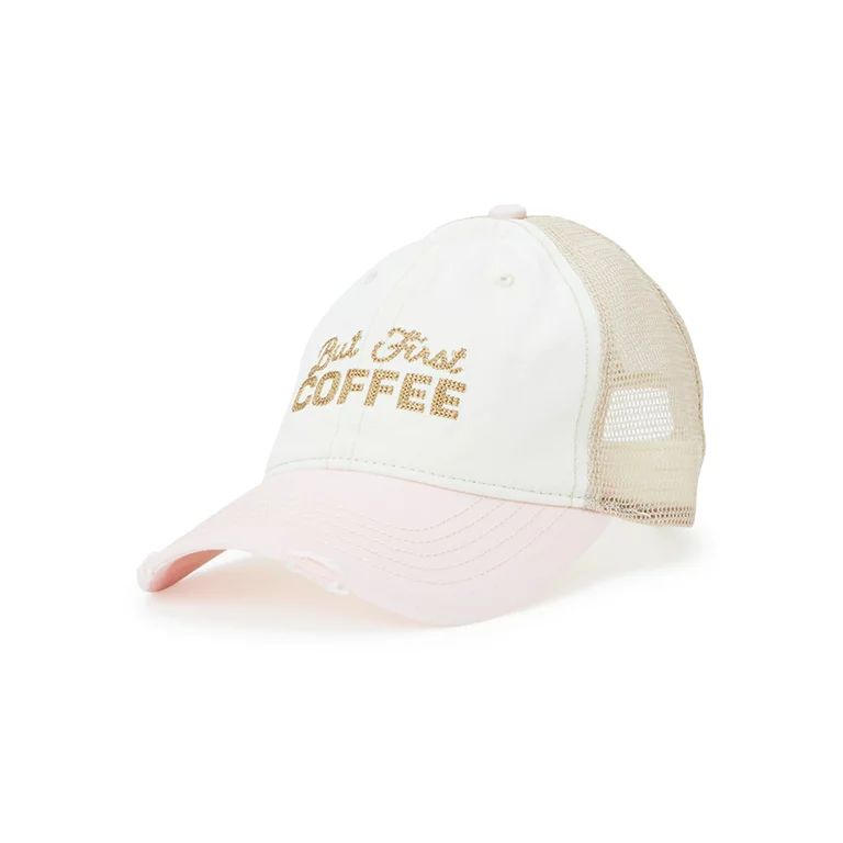 Time and Tru Women's Khaki and Pink Embroidered But First Coffee Washed Cotton Twill Baseball Hat... | Walmart (US)