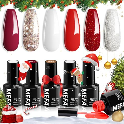 MEFA 6 Colors Red Gel Nail Polish Set, Fall Winter Christmas Glitter Shades Sparkle Silver Champagne Love Times Tones Salon Decorations Nail Art Design at Home Manicure DIY Kit Gifts for Women Girl | Amazon (US)