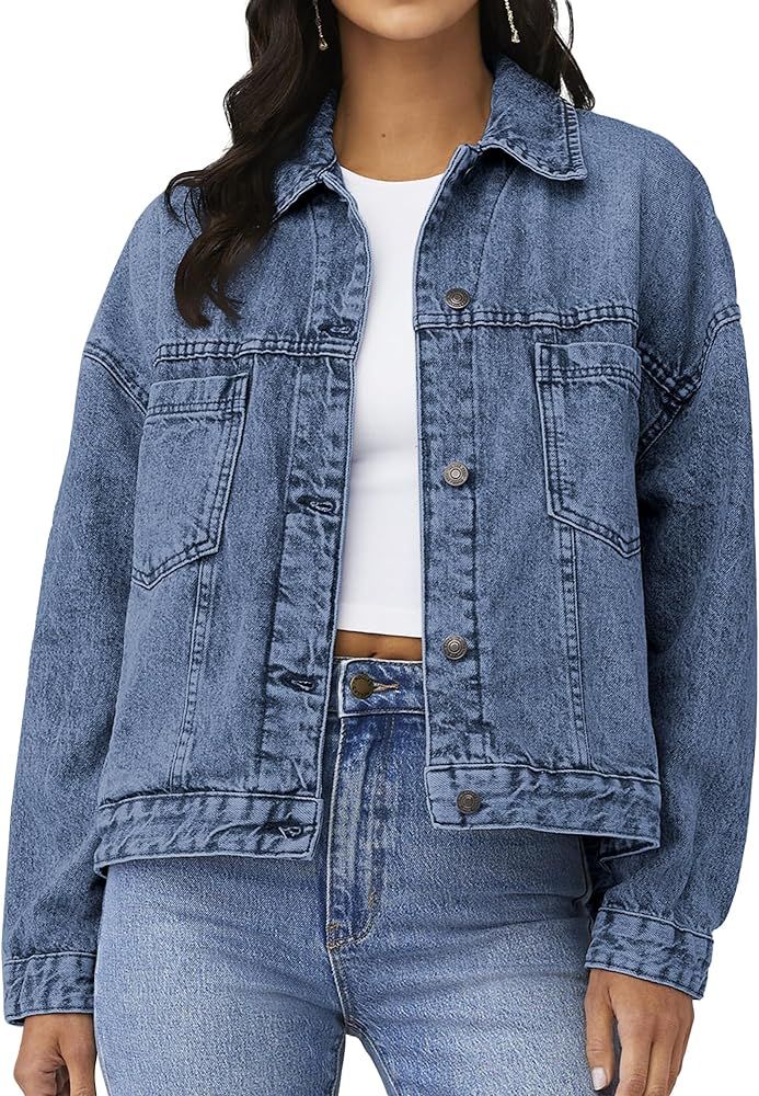 Women Oversized Denim Jacket Retro Jean Coat Lapel Button Up Long Sleeve Jean Jacket with Pockets | Amazon (US)
