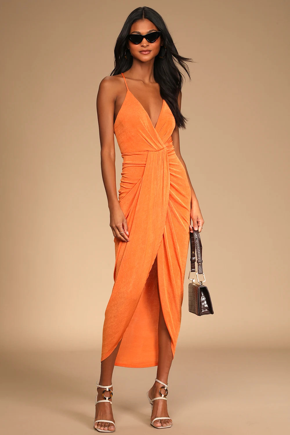 Dreamy Date Orange Surplice Midi Dress | Lulus (US)