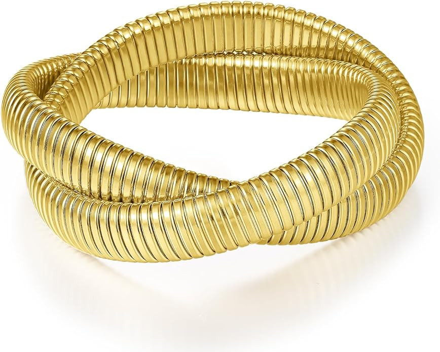 Gold Bangles Bracelet Set for Women, 18K Gold Plated Chunky Stainless Steel Non Tarnish Stretch B... | Amazon (US)