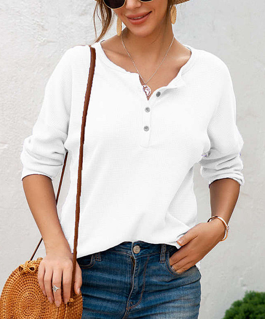 Coeur de Vague Women's Blouses White - White Waffle-Knit Henley - Women | Zulily