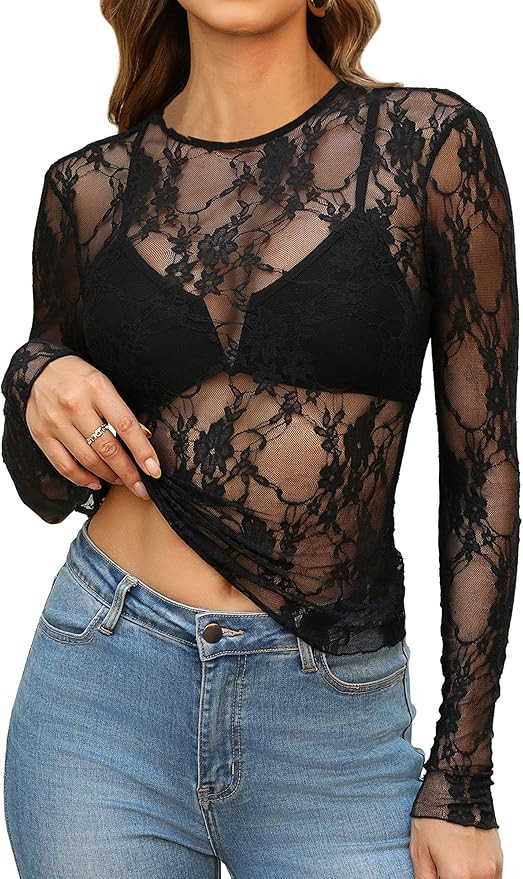 OFEEFAN Womens Mesh Tops Lace Long Sleeve Shirts Crewneck Slim Fitted Outfits See Through Blouses | Amazon (US)