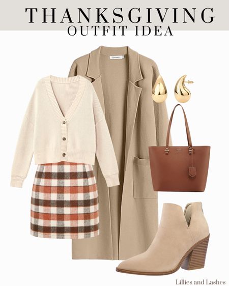 Thanksgiving outfit idea
The cutest plaid skirt! Available in so many color combos 

Long coatigan. , taupe bootie, brown tote bag, thanksgiving outfit, fall outfit, work outfit

#LTKHoliday #LTKstyletip #LTKSeasonal
