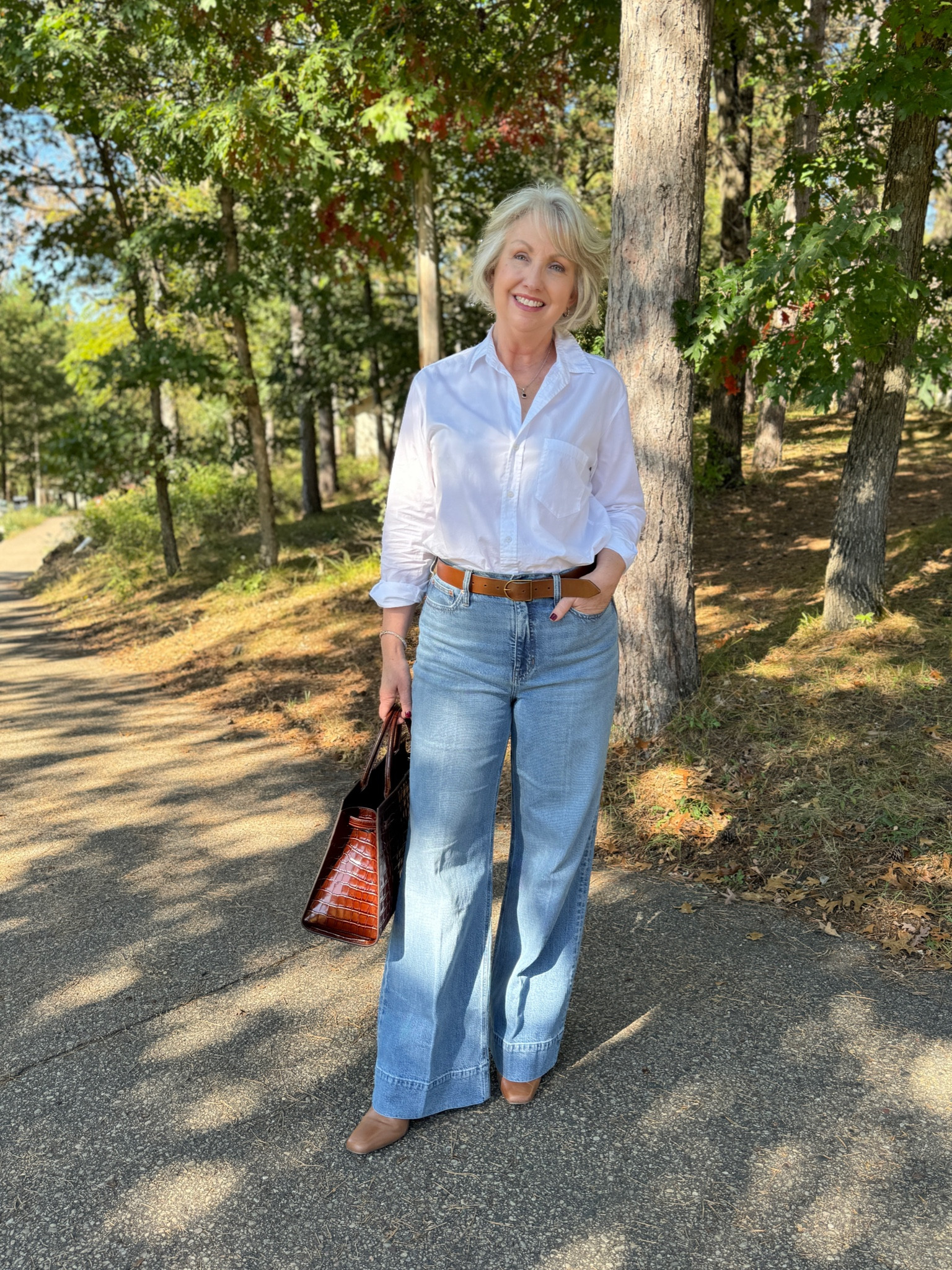 Here is a recent OOTD. wearing my favorite denim trousers with an easy white button down top. ✨ 

#LTKOver40 #LTKStyleTip #LTKMidsize