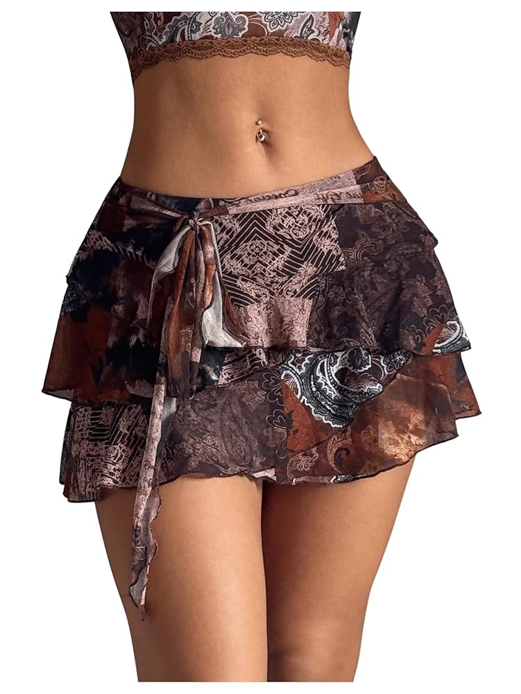 Milumia Women's Vintage Paisley Print Knot Side Tiered Layered Ruffle Mini Skirts | Amazon (US)