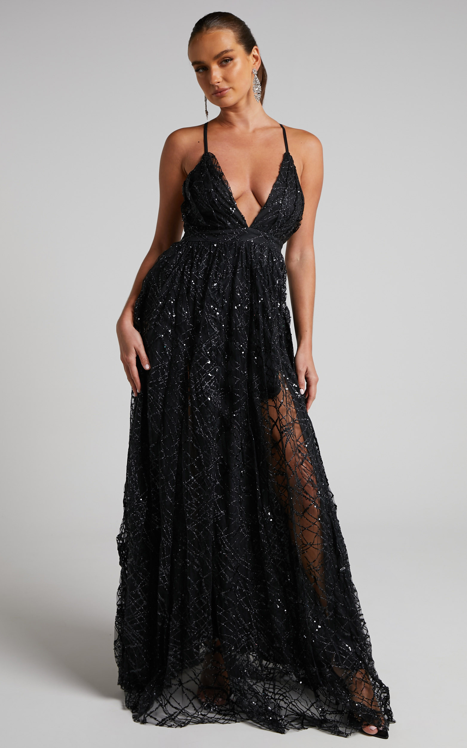 Eternal Sunshine Maxi Dress - Cross Back Plunge Neck Dress in Black Sequin Tulle | Showpo (US, UK & Europe)