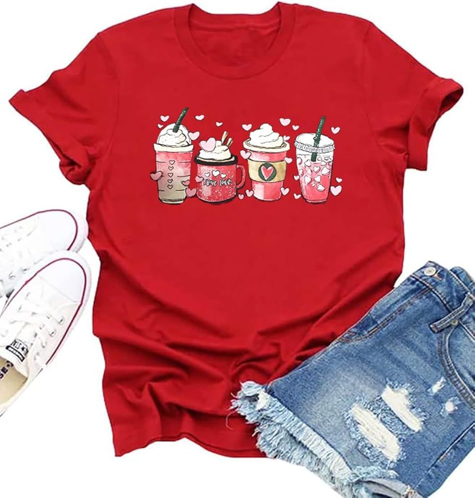 Women Valentine'sDay Shirts Cute Coffee Graphic Short Sleeve T-Shirt Casual Valentine Gift Coffee... | Amazon (US)