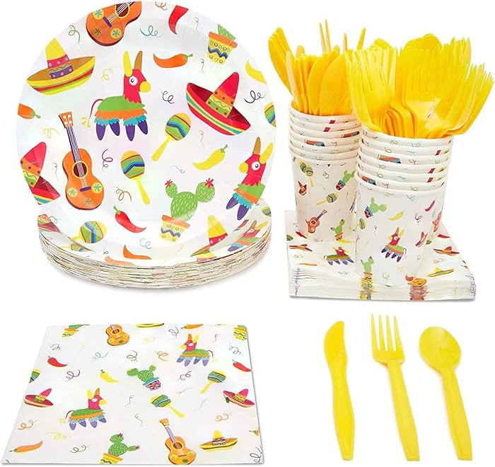 BLUE PANDA Fiesta Plates & Napkins Dinnerware Set - 144-Piece, Serves 24, Multicolor Cartoon Pape... | Amazon (US)